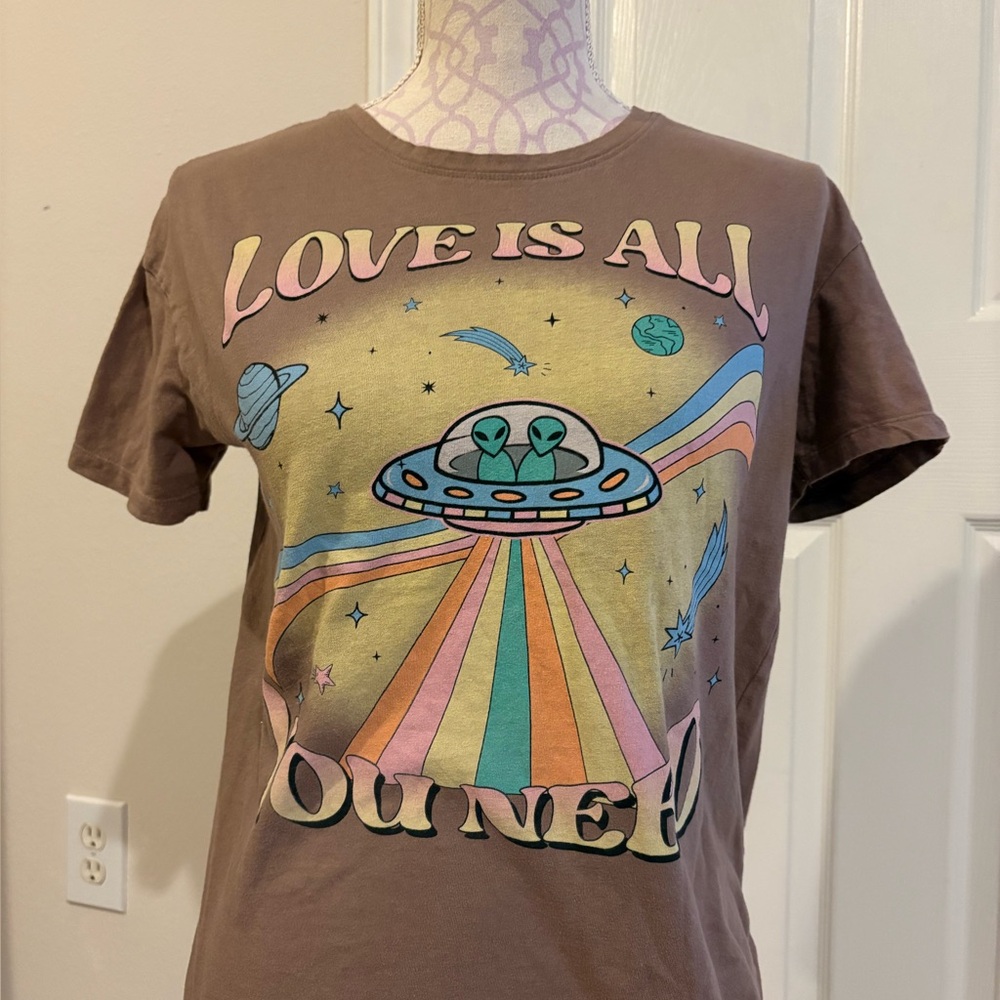 Electric Family “Love is all you need” Brown Tee with Colorful UFO and Planets - Picture 5 of 5